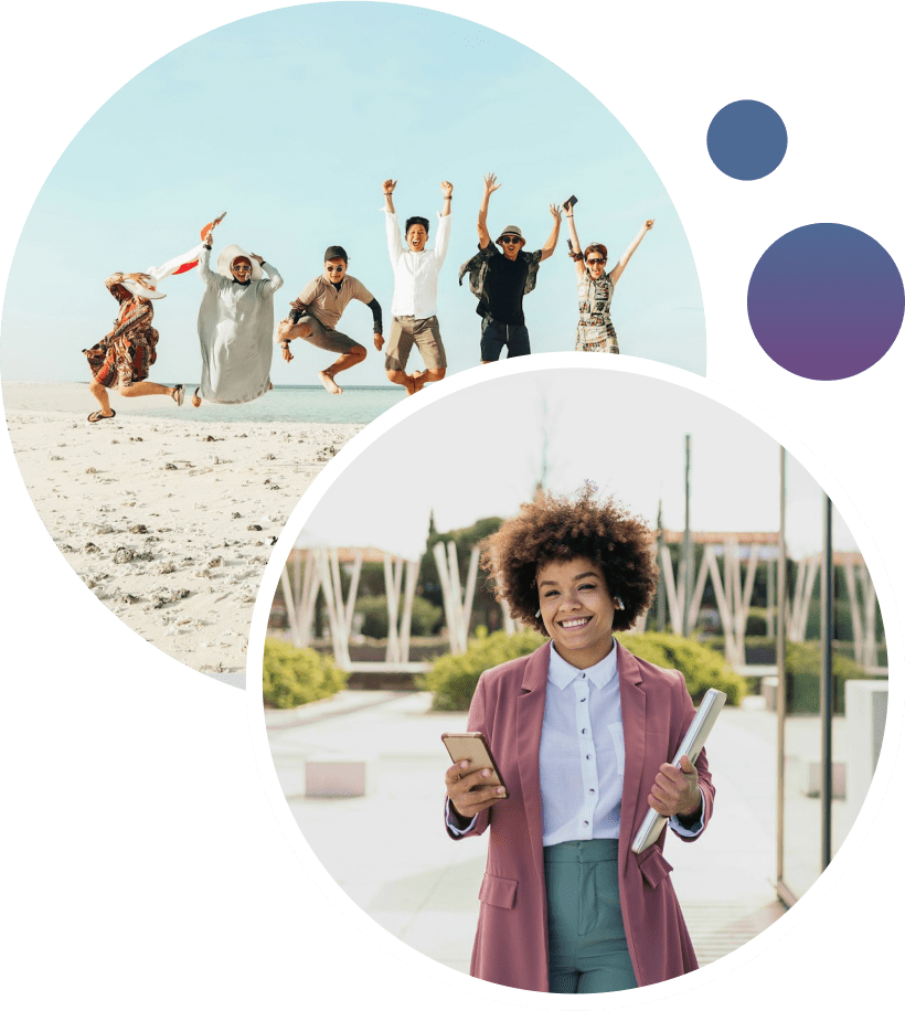 a collage of people jumping and a woman holding a phone